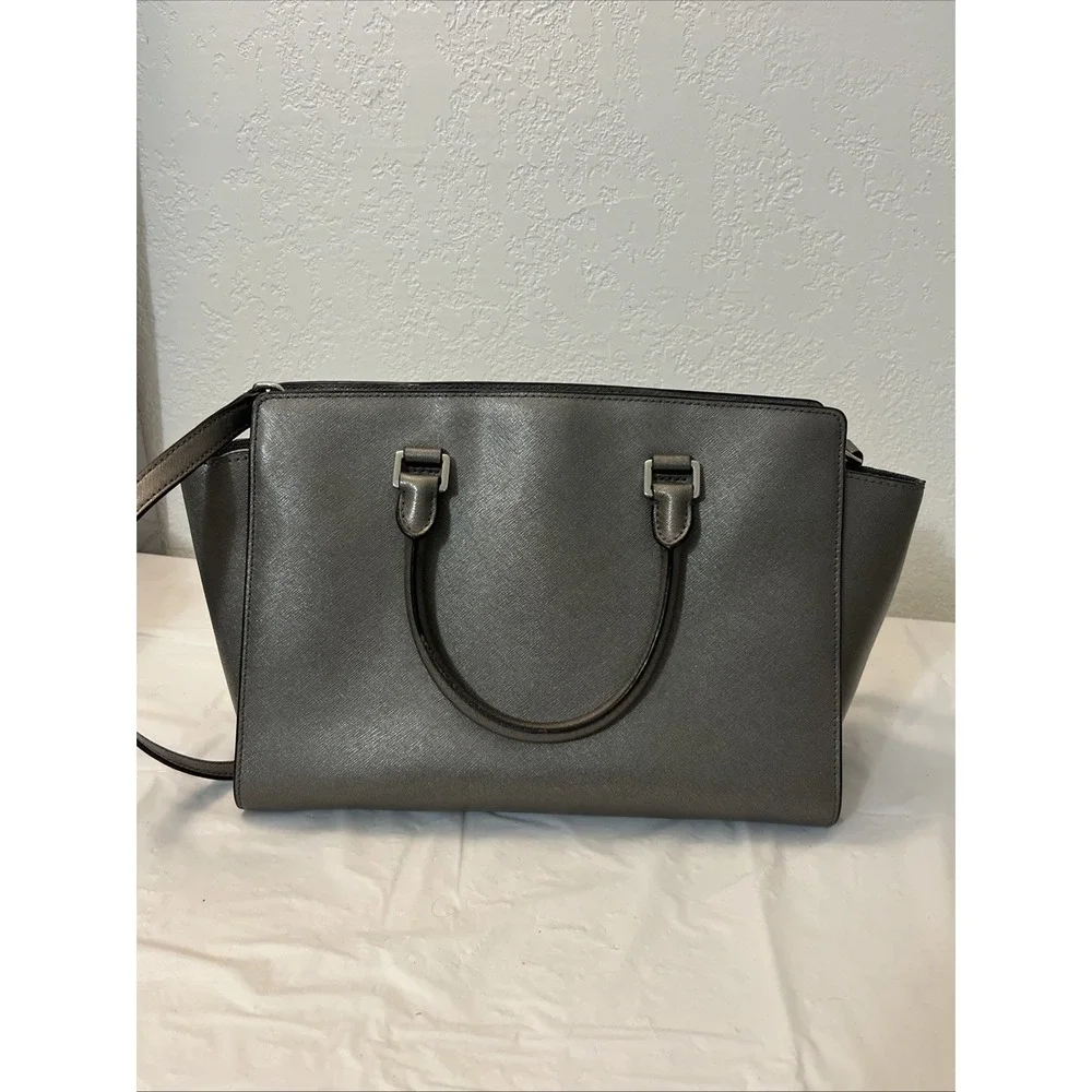 Michael Kors Satchel Women Large Selma Saffiano Leather Bag Silver 16.25x 9x 6